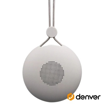 Coluna portátil branca redonda com cordão e orifícios para som