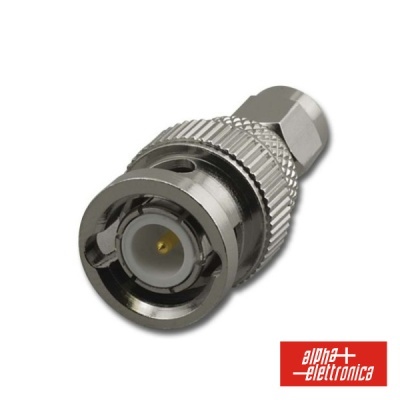 Conector coaxial BNC metálico prateado com logótipo alpha elettronica