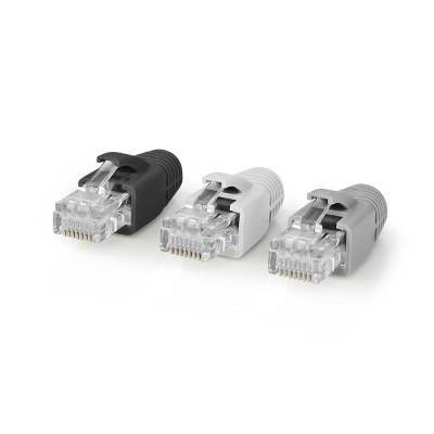 Três protetores de conector RJ45 em preto, branco e cinzento
