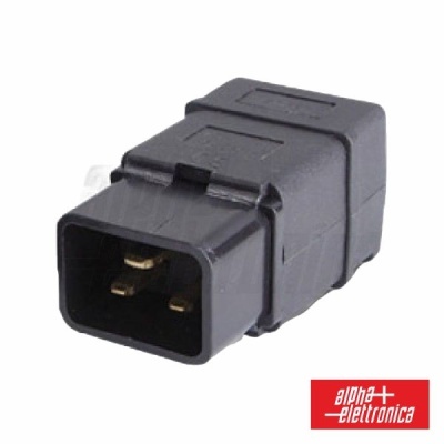Conector elétrico preto retangular com três pinos e logótipo Alpha Elettronica