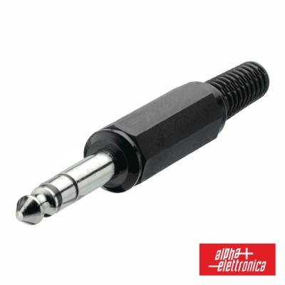 Conector áudio Jack 6,35 mm estéreo com corpo preto e ponta metálica