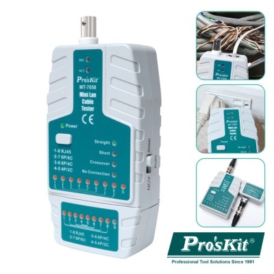 Testador de cabos Mini Lan Pro'sKit branco e azul com LEDs indicativos