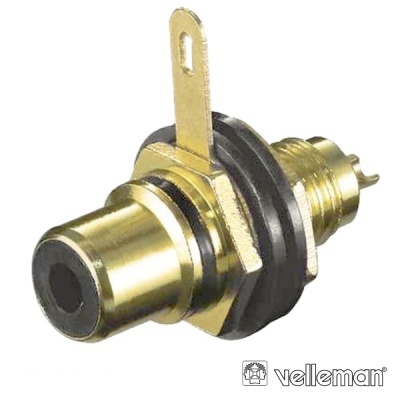 Conector RCA fêmea dourado com isoladores pretos e logótipo velleman