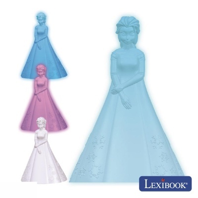 Figuras femininas em plástico de cores azul, rosa e branco com vestido comprido e detalhes florais, selo Lexibook.