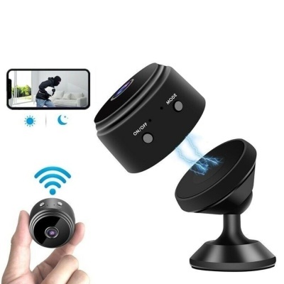 Câmara de vigilância preta compacta com suporte magnético e visualização em telemóvel
