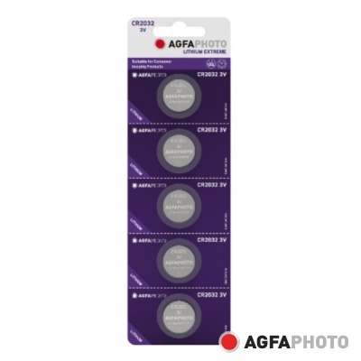Embalagem de cinco pilhas de moeda AGFAPHOTO CR2032 3V para câmeras, com fundo roxo e texto branco