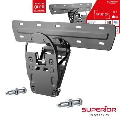 Suporte de parede para TV Superior Electronics preto com parafusos e embalagem
