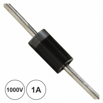 Díodo retificador preto com terminais metálicos e indicação 1000V 1A