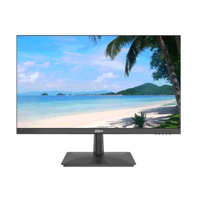 Monitor preto com imagem de praia e texto Dahua