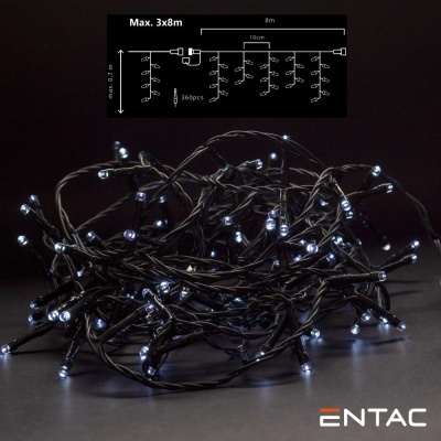 Luzes LED brancas com fios pretos e esquema técnico de dimensões, logotipo ENTAC