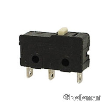 Interruptor microswitch preto com três terminais e botão branco no topo