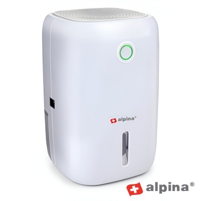 Desumidificador branco compacto com botão verde e logótipo Alpina