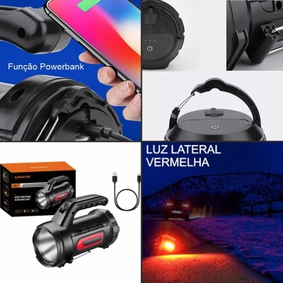 Lanterna portátil recarregável com cabo USB e luz lateral vermelha