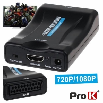 Conversor de vídeo preto com entradas SCART e HDMI, texto 720P/1080P e marca Pro K