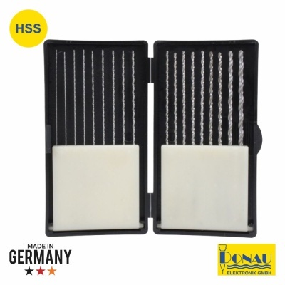 Conjunto de brocas HSS em caixa preta com selo Made in Germany e logótipo DONAU ELEKTRONIK GMBH