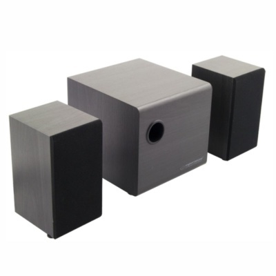 Conjunto de colunas de som com subwoofer e duas colunas pequenas em preto e cinza escuro