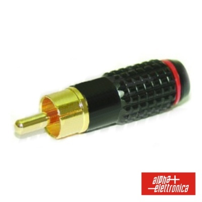 Conector RCA macho dourado preto com anel vermelho
