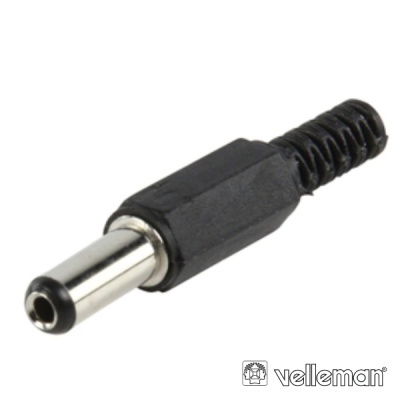 Conector DC macho preto e prateado com proteção de mola