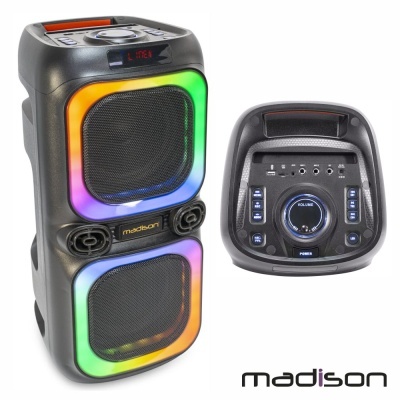 Coluna portátil preta Madison com luzes LED coloridas e painel de controlo