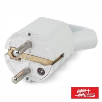 Plugue elétrico branco com dois pinos metálicos e logotipo ALPHA ELETTRONICA