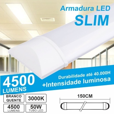 Luminária LED slim branca com especificações técnicas e texto em português