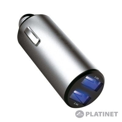 Carregador automóvel PLATINET prateado com duas portas USB azuis