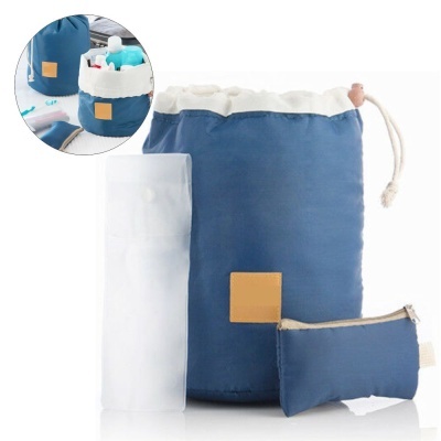 Conjunto saco azul com cordão, estojo azul e saco transparente para armazenamento