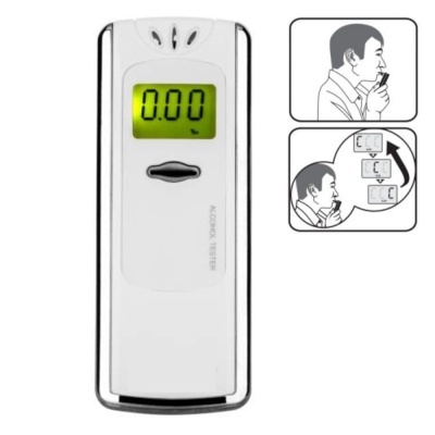 Dispositivo de teste de alcoolemia branco com ecrã digital e instruções de uso
