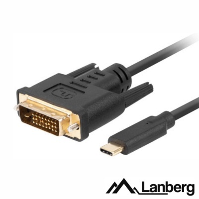 Cabo adaptador USB-C para DVI preto com conector DVI dourado e logo Lanberg