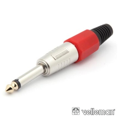 Plugue de áudio jack 6,35 mm metálico com parte vermelha e cabo preto