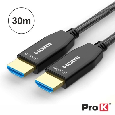 Cabo HDMI ProK preto de 30 metros com conectores dourados e inscrições HDMI Source e HDMI Display