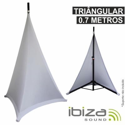 Expositor triangular branco com estrutura preta, texto e logo Ibiza Sound