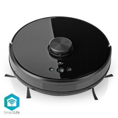 Robô aspirador de chão preto com sensor central e escovas laterais