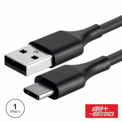 Cabo USB Tipo A para Tipo C preto, 1 metro, com logótipo alpha elettronica