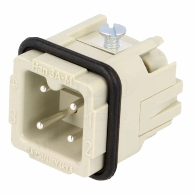 Conector elétrico bege com pinos metálicos e selo preto