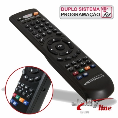 Comando universal preto com botões coloridos e texto 'DUPLO SISTEMA PROGRAMAÇÃO'