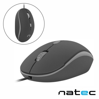 Rato de computador preto Natec com fio com fundo branco.