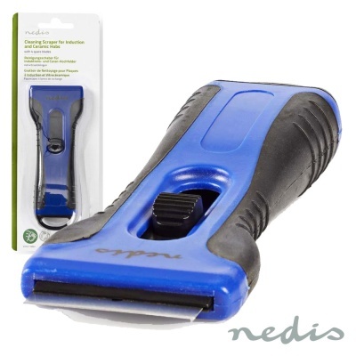 Raspador azul e preto para limpeza de placas de indução e fogões cerâmicos Nedis na embalagem