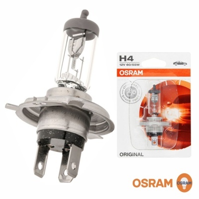 Lâmpada automóvel OSRAM H4 12V 60/55W com embalagem original branca e laranja.