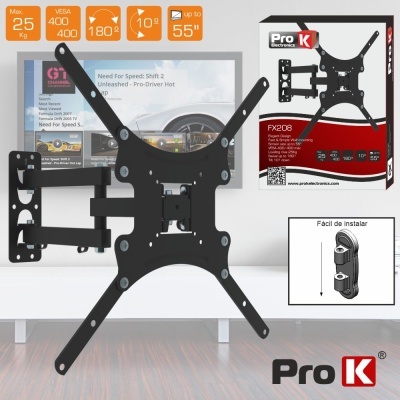 Suporte de parede preto para TV Pro K FX208 com braços articulados e embalagem ao fundo