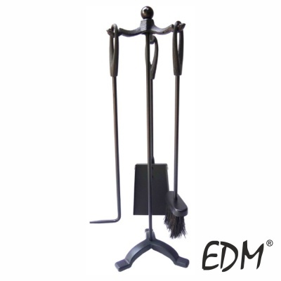 Conjunto de ferramentas para lareira em metal preto com estrutura de suporte