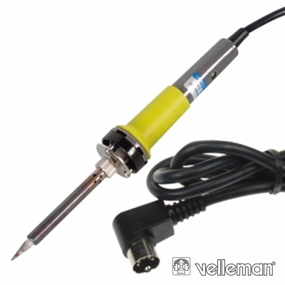 Ferro de soldar amarelo e cinza com cabo preto e conector