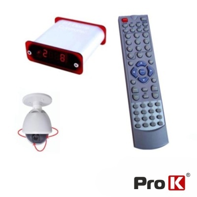 Três dispositivos eletrónicos onde se destacam um controlo remoto e uma câmara de segurança