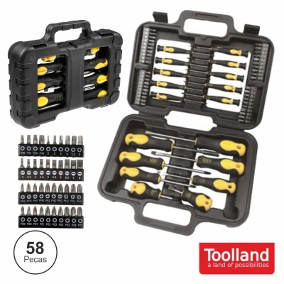 Estojo de ferramentas com 58 peças, preto e amarelo, com logo Toolland