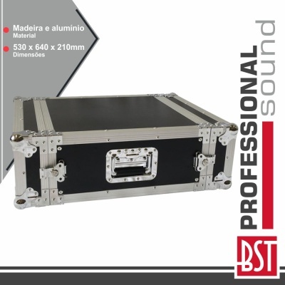 Mala de transporte profissional em madeira e alumínio preta com fechos metálicos e pega embutida