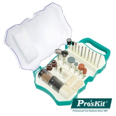 Conjunto de ferramentas Pro'sKit em estojo verde e branco com várias brocas e acessórios.