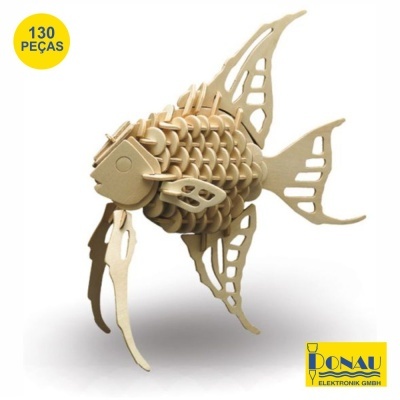 Modelo de peixe em madeira clara com 130 peças, selo amarelo e logótipo DONAU.