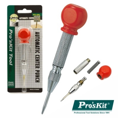 Ferramenta automática para marcar o centro com cabo vermelho e corpo metálico na embalagem