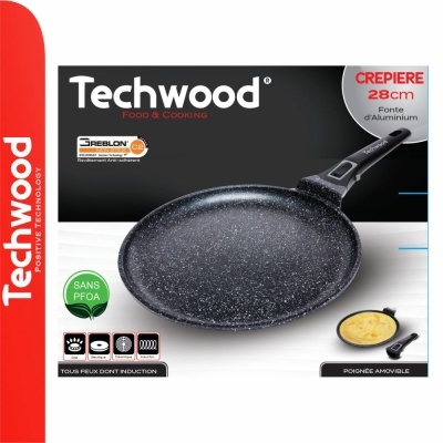 Frigideira para crepes Techwood 28 cm de alumínio com superfície antiaderente cinza marmoreado e alça preta removível.