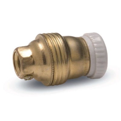 Ficha elétrica metálica dourada com anel branco de plástico